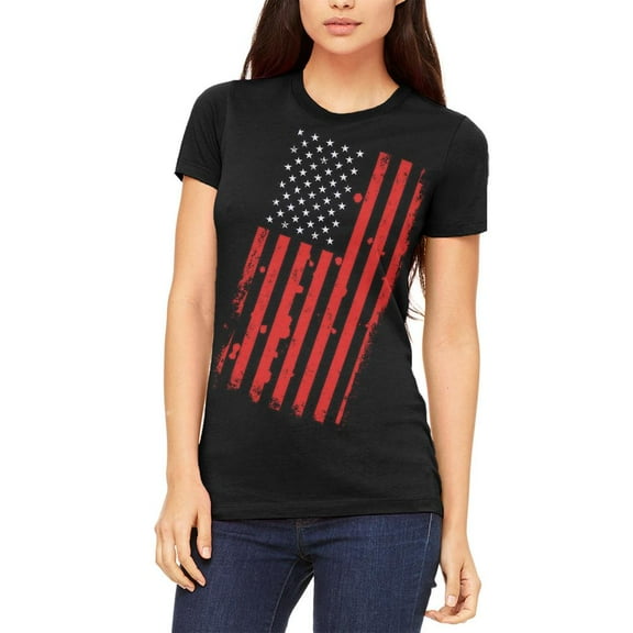 4th of July Distressed Offset American Flag Juniors Soft T Shirt Black SM