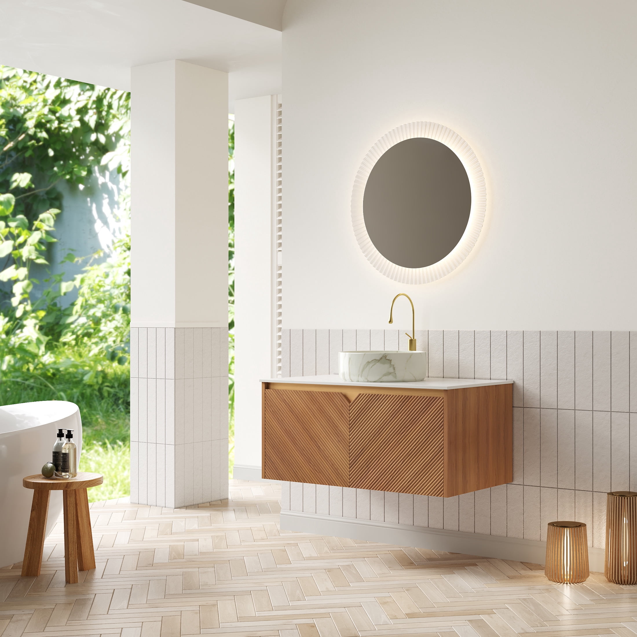 Noble House RUBEN 36" Floating Bathroom Vanity, Sintered Stone Top Cabinet with Stone Round Ceramic Vessel Sink, Oak