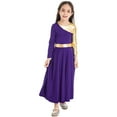 thumbnail image 2 of Raenseen Kids Girls Shiny Metallic Color Block Bell Sleeve Liturgical Praise Worship Dance Dress Lyrical Dancewear A Purple 4, 2 of 7