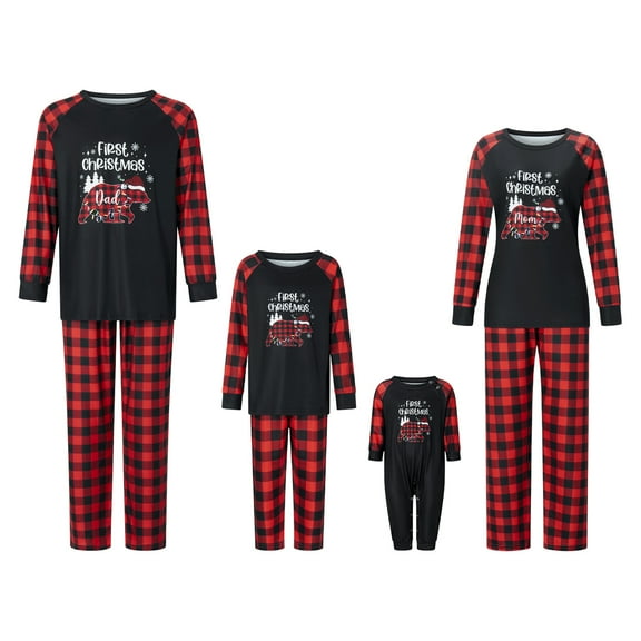 Elippeo Family Matching Christmas Pajamas, Baby Romper/Snowflake Animal Letter Print Long Sleeve Tops and Plaid Pants Sleepwear Set