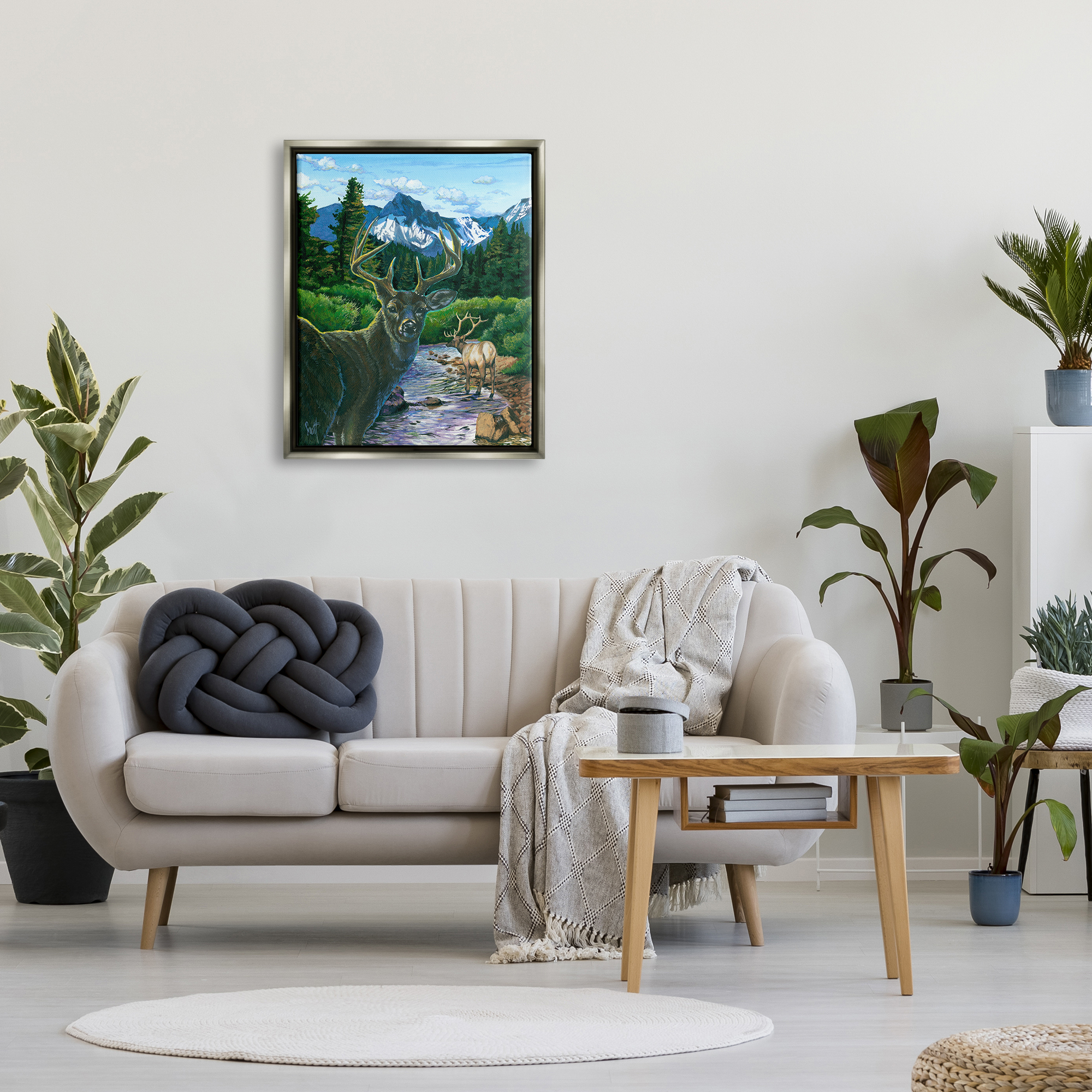 Stupell Industries Deer in Mountain Scenery Animals & Insects Painting Gray Floater Framed Art Print Wall Art, 25 x 31