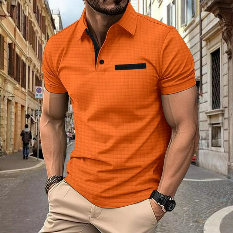 Huresd Mens Polo Shirts Short Sleeve Regular Fit Fashion Designed Shirt Orange 2XL