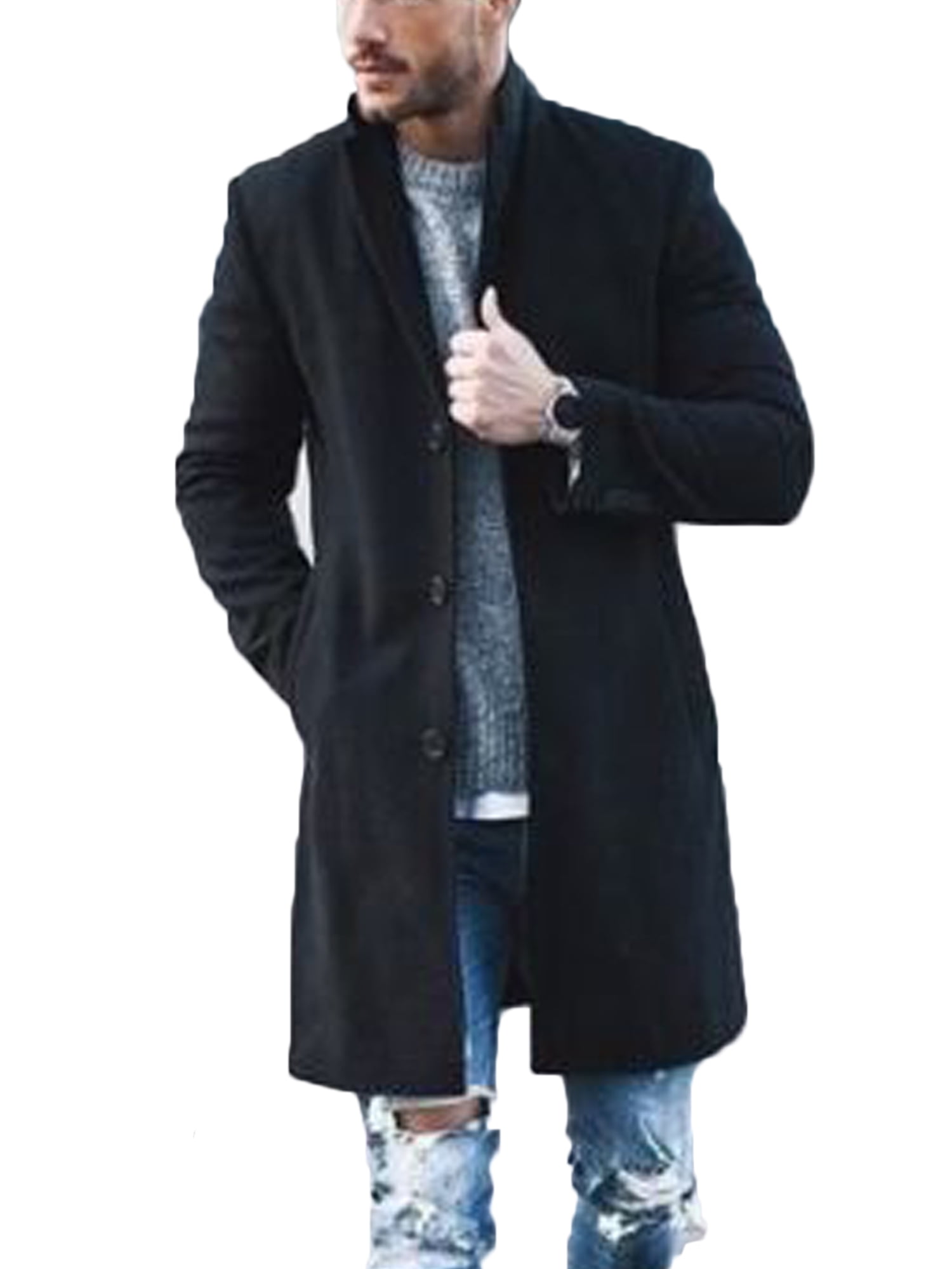 Men's Double Breasted Trench Coat Lapel Woolen Jacket Outwear Business Slim Fit
