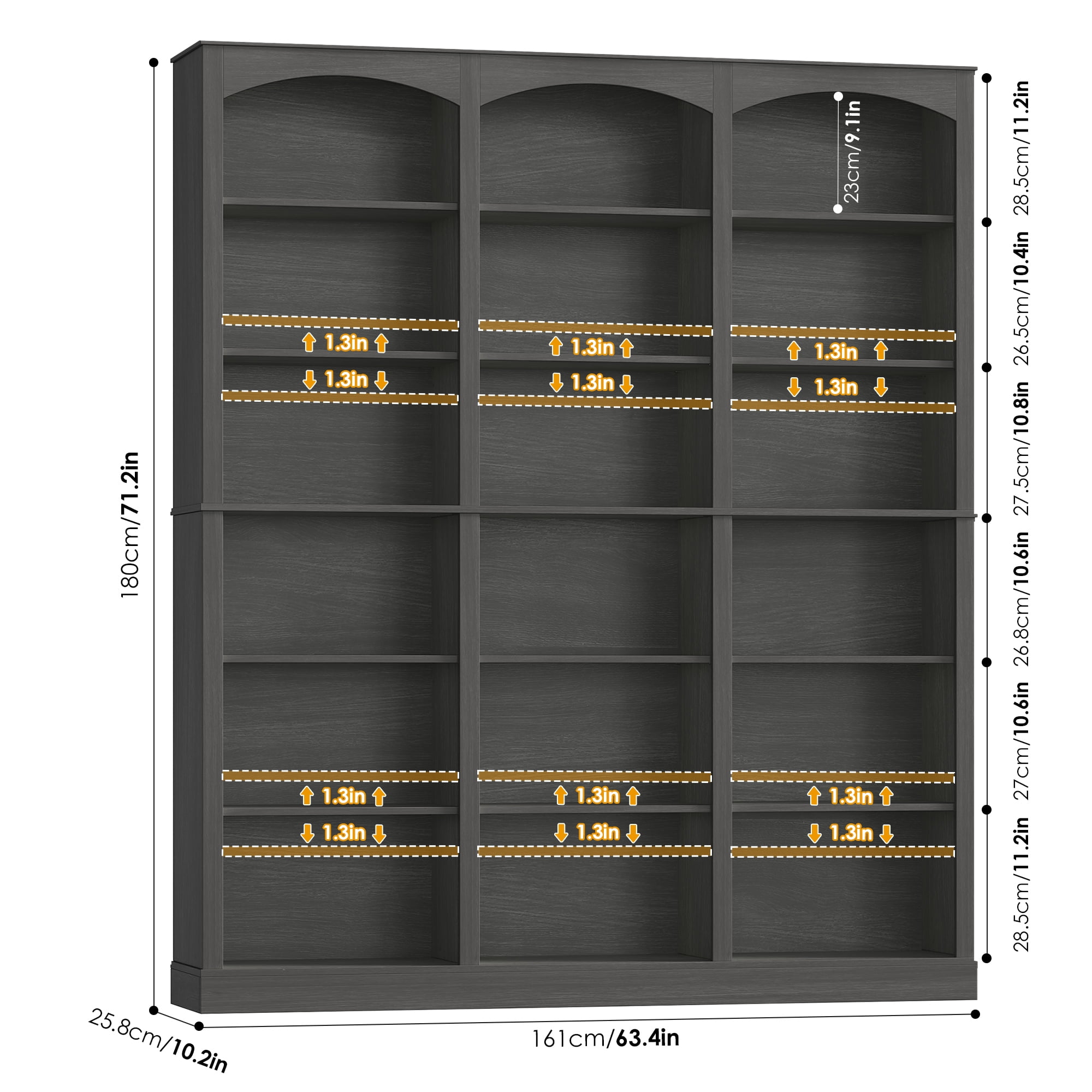 Homfa 18-Cube Bookcase and Bookshelves, 71.2" Triple Width 6-Tier Freestanding Arch Library Cabinet for Home Office Living Room, Dark Gray Texture