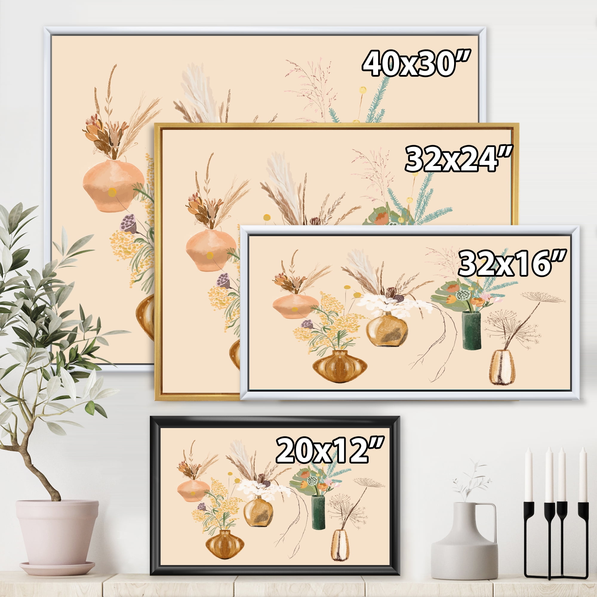 Designart 'Gold Vases With Bouquets Of Wildflowers III' Traditional Framed Canvas Wall Art Print