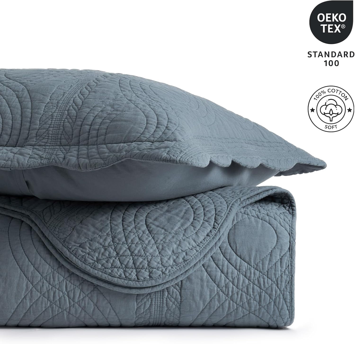 EVERGRACE 100% Cotton Scallop Quilt Set, King Size 3 Piece Set – Lightweight Bedspread with 2 Shams, Soft Prewashed Matelasse Coverlet for Cozy and Elegant Bedding, Stormy Blue