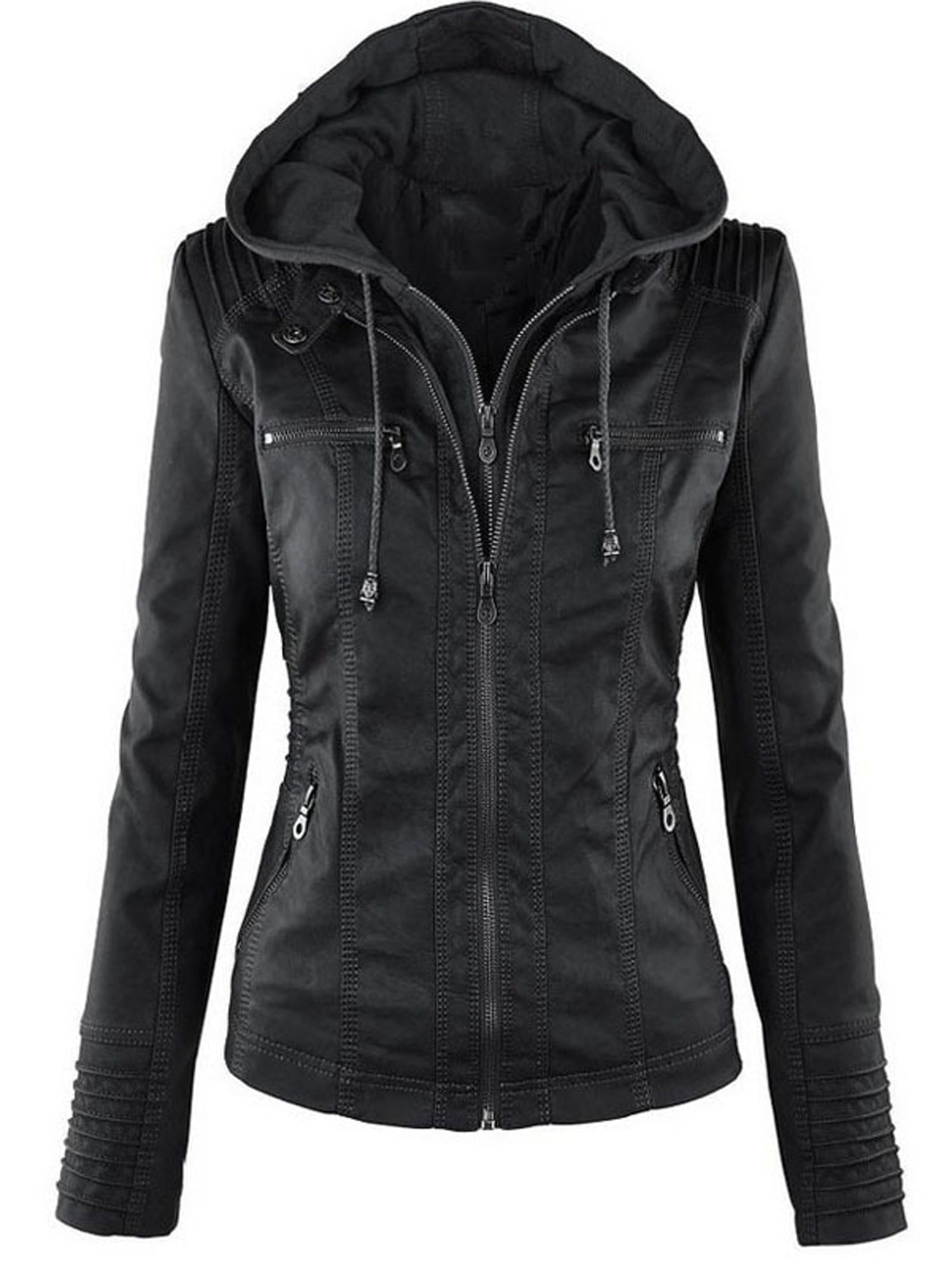 Women's PU Leather Motorcycle Biker Hooded Zipper Retro Outerwear