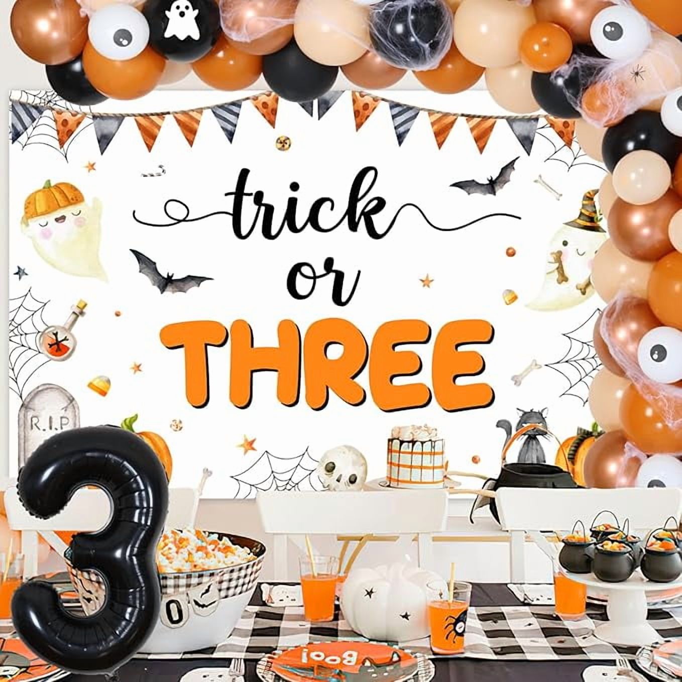 Trick or Three Theme Halloween 3rd Birthday Party Decorations Pumpkin Backdrop Number 3 Balloon Garland Arch Kit 3D Bat Wall Stickers Simulation Spider for Halloween 3rd Birthday Party Decor Supplies