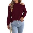 thumbnail image 2 of Women Cable Openwork Hollow Cut Out Cold Shoulder Crew Neck Long Sleeve Loose Pullover Sweater Wine Red M, 2 of 9
