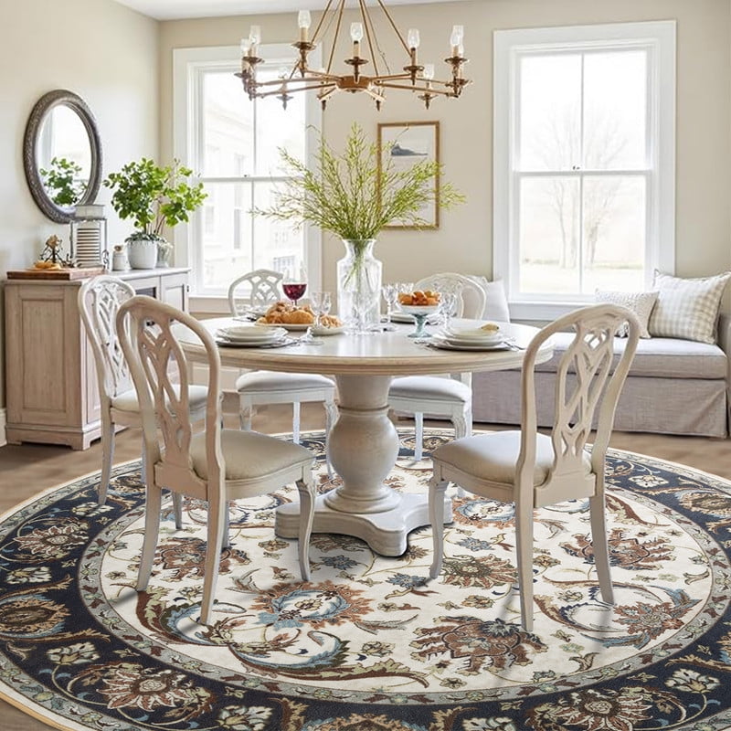 Jamfeel Round Rugs Vintage Print Low Pile Non-slip Circle Carpet Indoor Area Rug for Living Room Nursery, 6ft, Cyan
