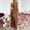 thumbnail image 2 of Women's One Shoulder Ruched Satin Maxi Dress, Solid High Side Slit Slimming Flowy Midi Long Date Night Dress Brown XL(XL), 2 of 6