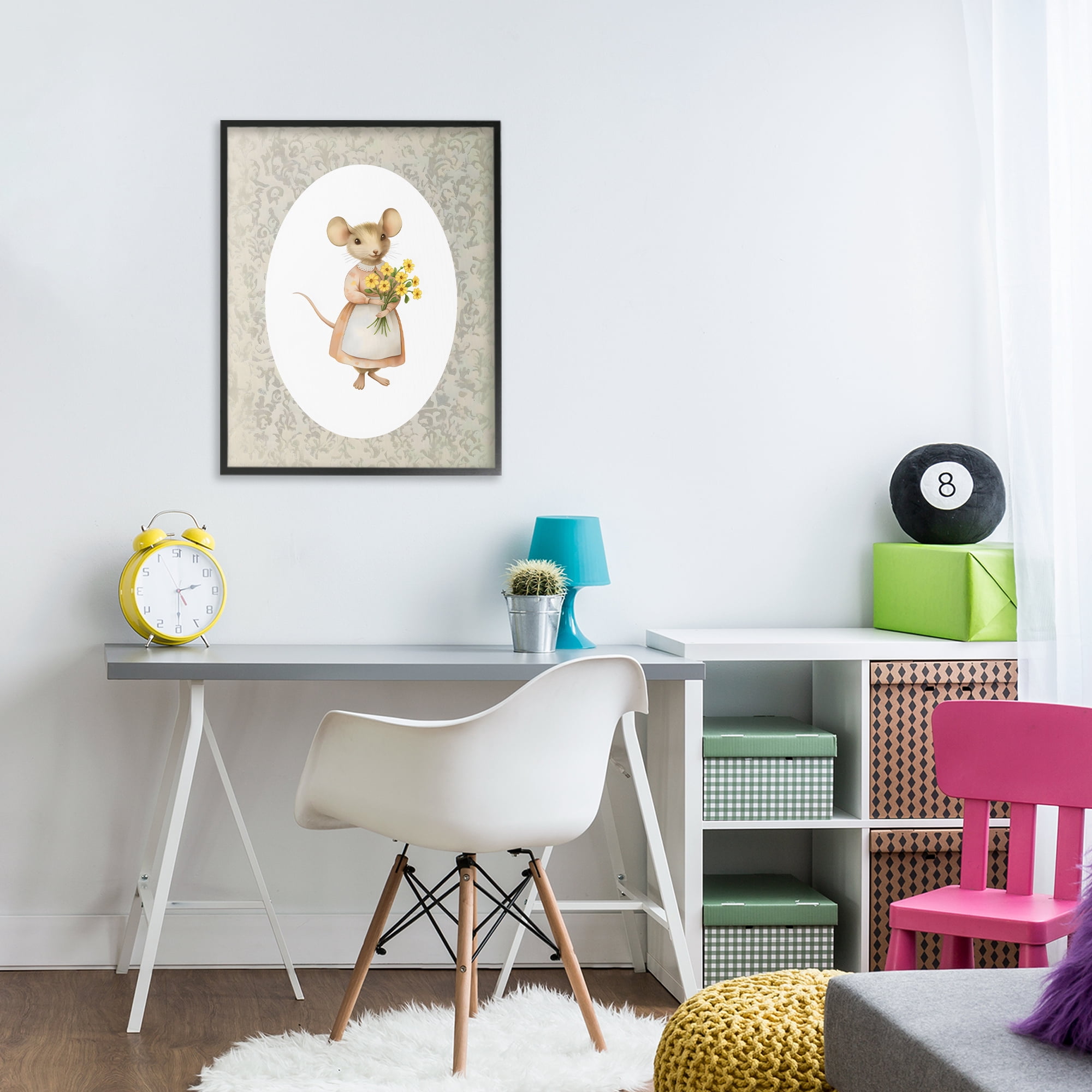 Stupell Industries Little Mouse with Flowers Black Framed Giclee Art, design by Arlington Prints