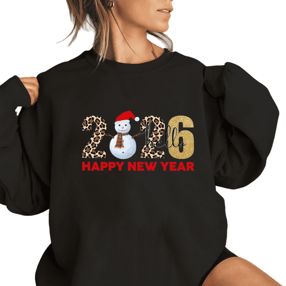 2026 HAPPY NEW YEAR Snowman Leopard Graphic Casual Tee T-Shirt Print Top Round-neck long-sleeved Black S-3XL