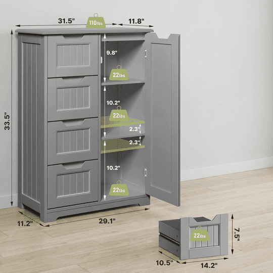 Aiho Bathroom Floor Cabinet Storage Organizer Freestanding Wooden Cupboard with Door Drawers Adjustable Shelf for Small Spaces Laundry Room Kitchen Living Room Bedroom Home Office - Gray