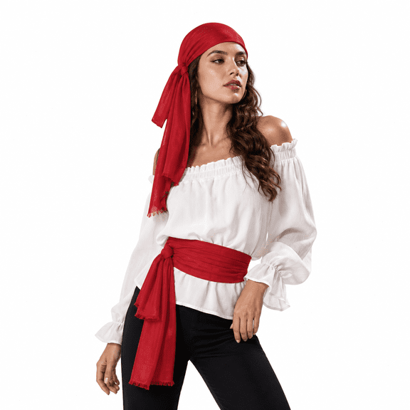 Ponceau 3-Pack Red Pirate Bandana & Waist Belt Set, Unisex Halloween Cosplay Accessories for Men & Women
