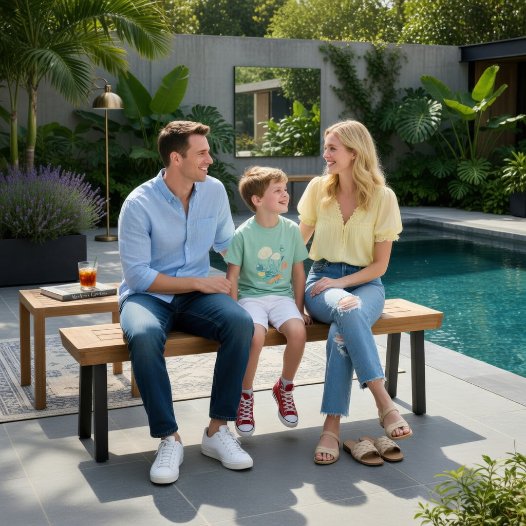 Hommoo Outdoor Acacia Wood Garden Bench for 2-3 People, Sturdy Metal Frame, Splinter-Free Patio Bench, 60" Backless Seating with Adjustable Feet, Brown