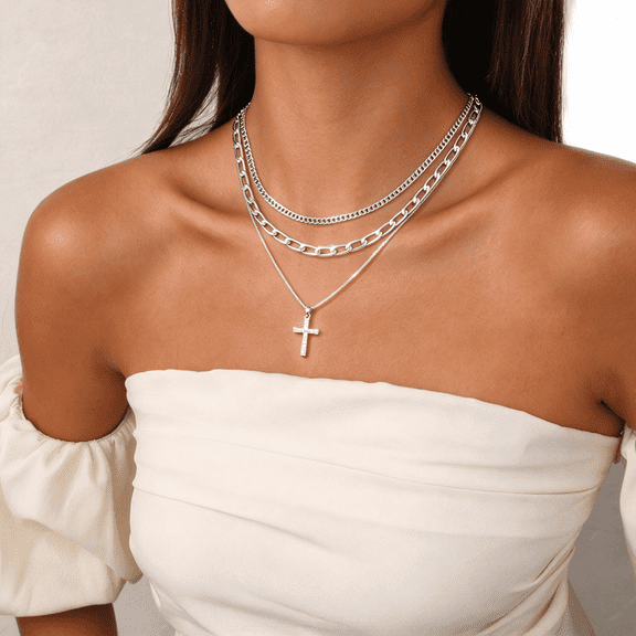 GOSFRY Layered Silver-Plated Cross Pendant Necklace for Women Trendy Stackable Choker Jewelry Gift