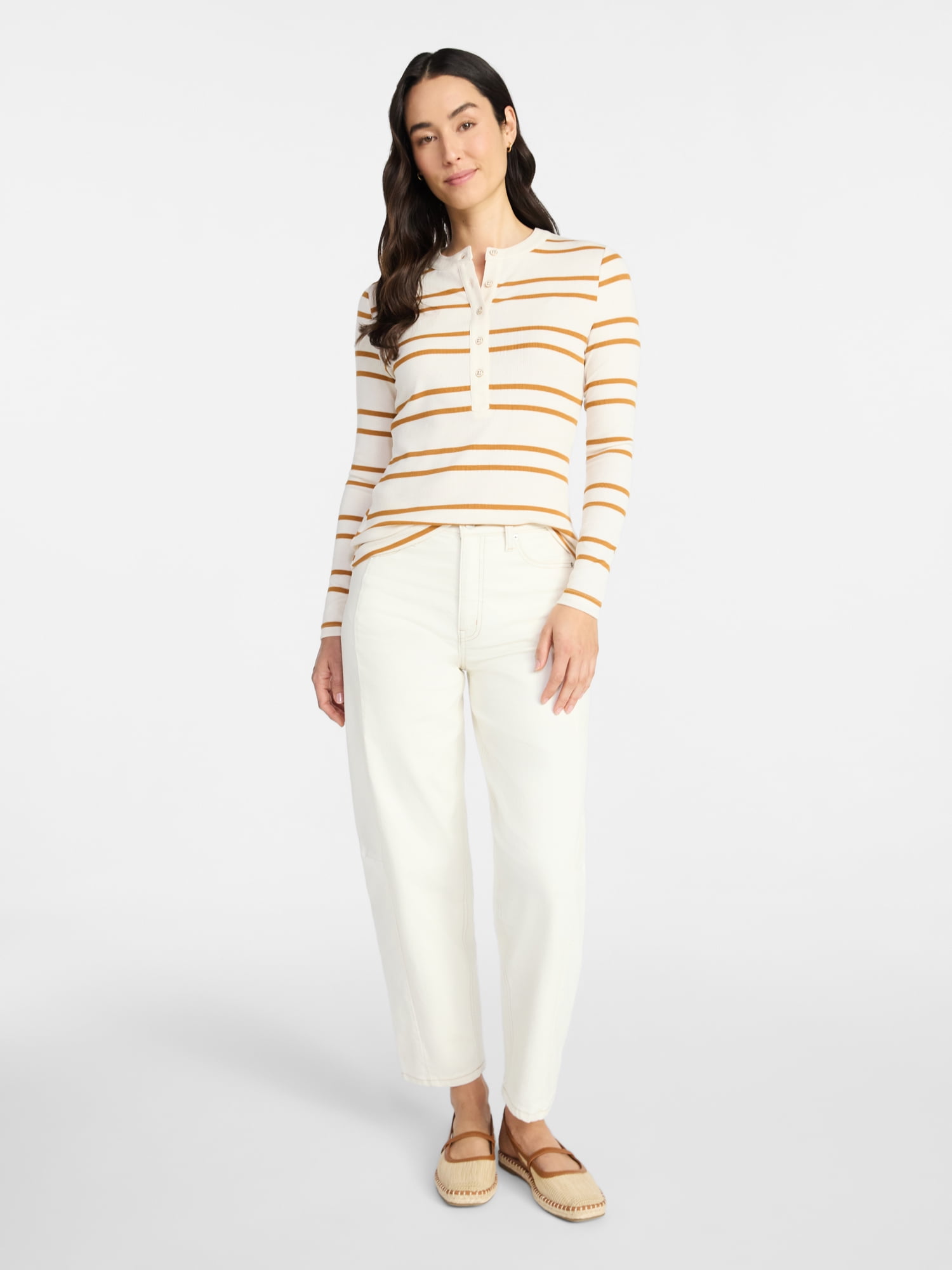 Time and Tru Women's Striped Henley with Long Sleeves, Sizes XS-XXXL