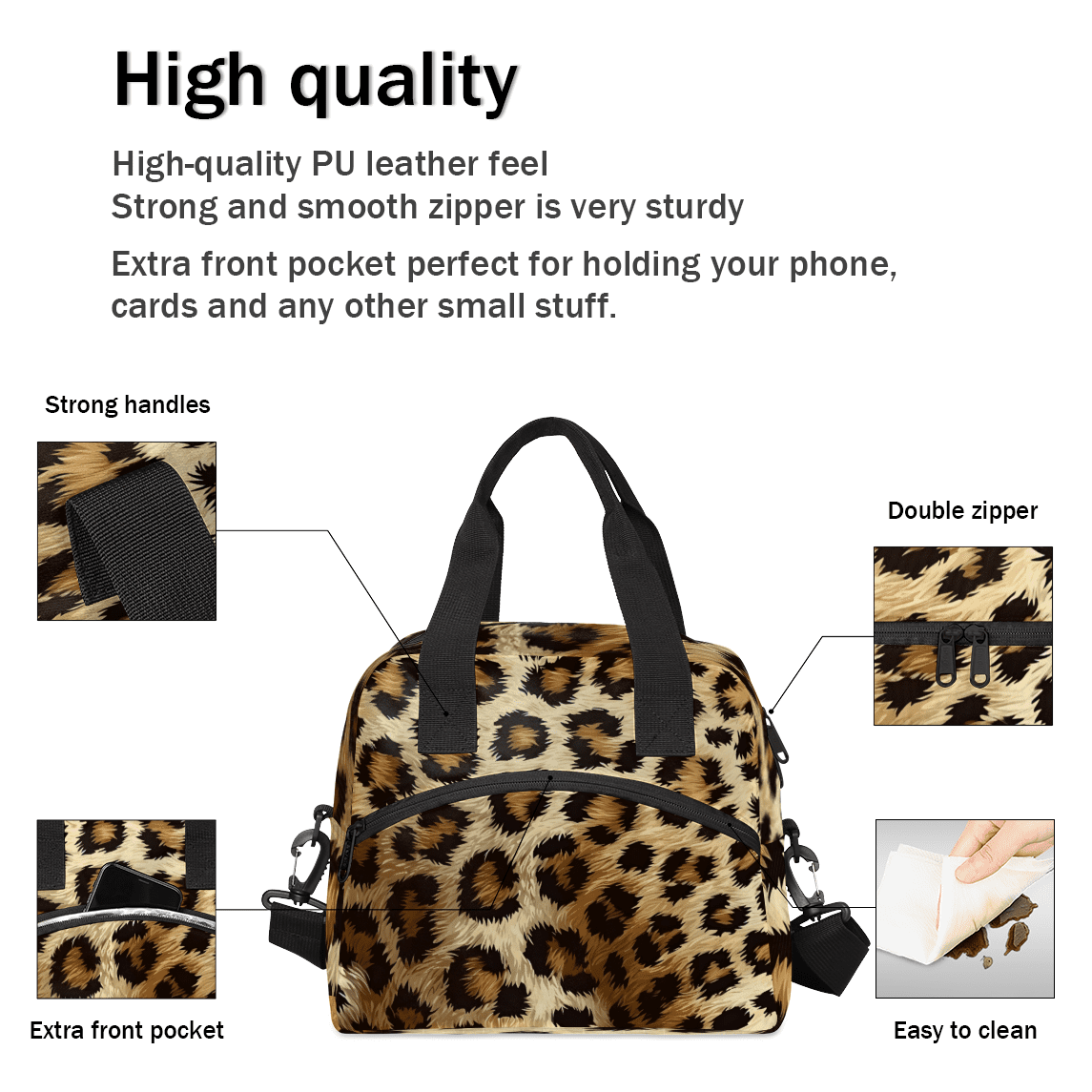 Herdesigns Leopard Print Insulated Lunch Bag for Women Men Adults Large Reusable Lunch Box Cheetah Wild Safari Leakproof Cooler Tote Bags with Adjustable Shoulder Strap
