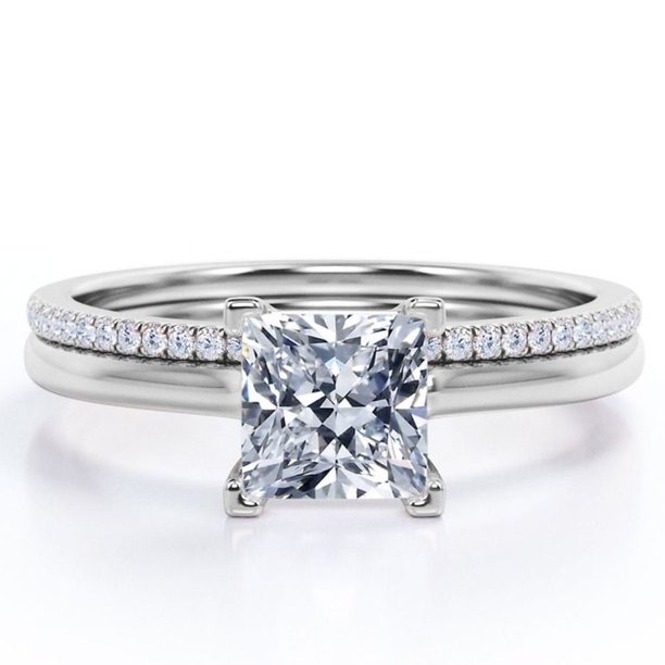 JeenMata Anillo Nupcial de 1,50 Quilates con Corte Princesa, Engaste en Garras y Detalles Pavé en Baño de Oro Blanco de 18 K sobre Plata (Personaliza la Banda de Tu Anillo de Bodas)