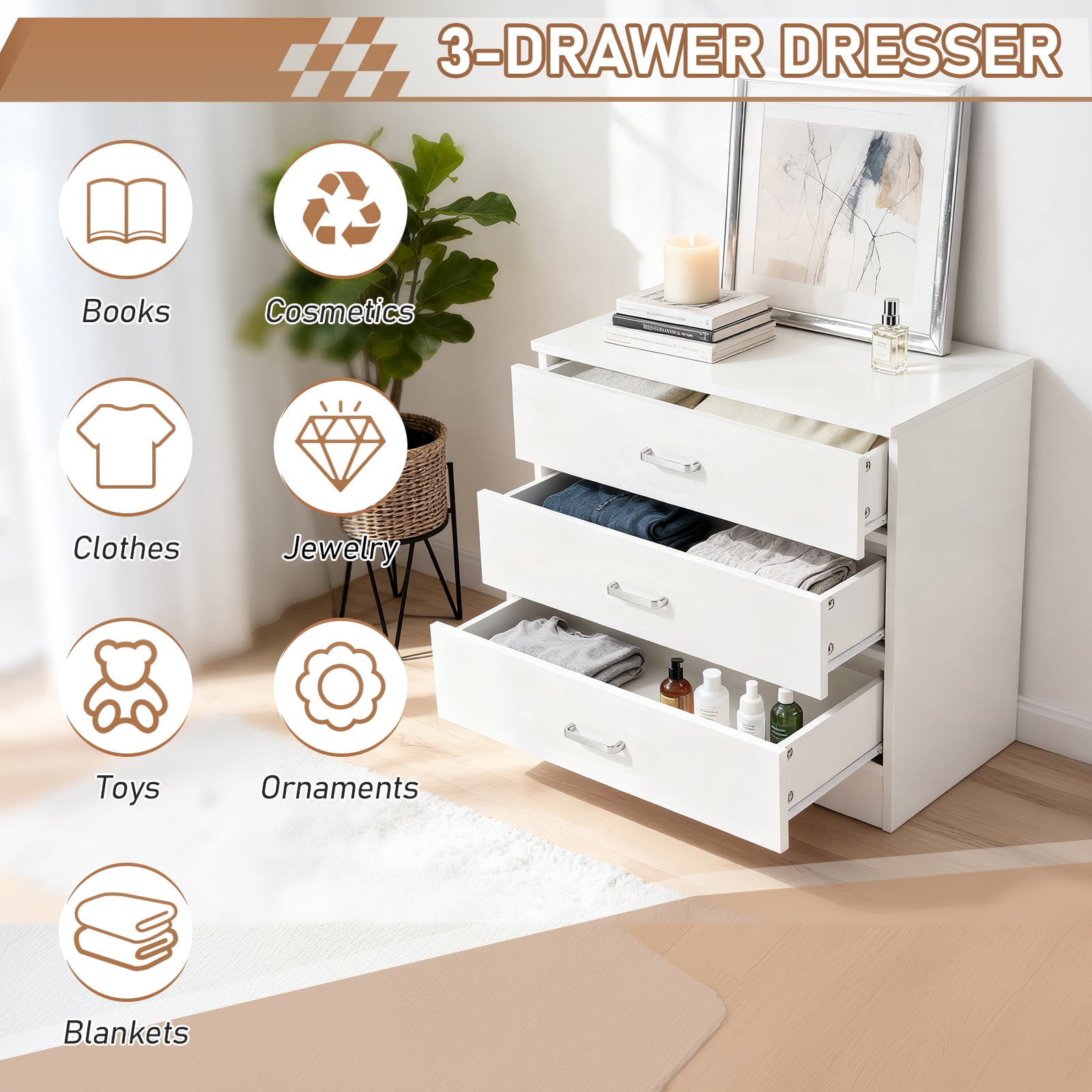 3 Drawer Nightstand Storage Cabinet, Eco P2 Particleboard Bedside Table with Smooth Metal Drawer Slides for Bedroom Living Room Office