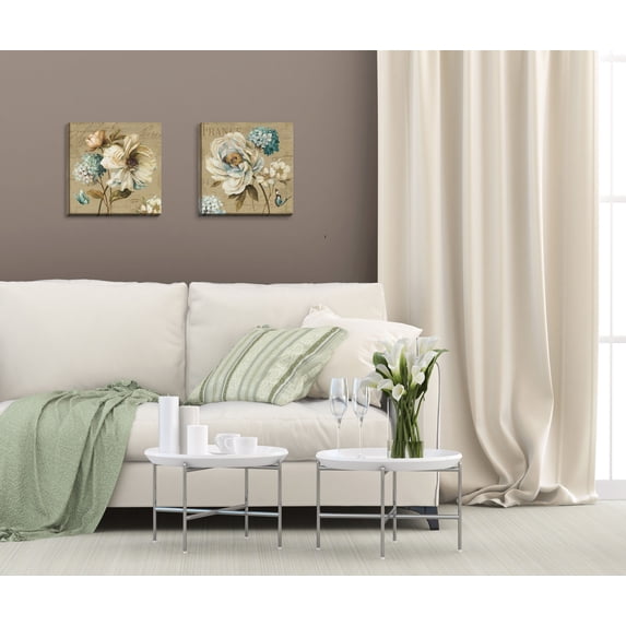 Gango Home Decor Classic Floral and Butterfly Wall Art ; Two Beige 12x12in Hand-Stretched Canvases