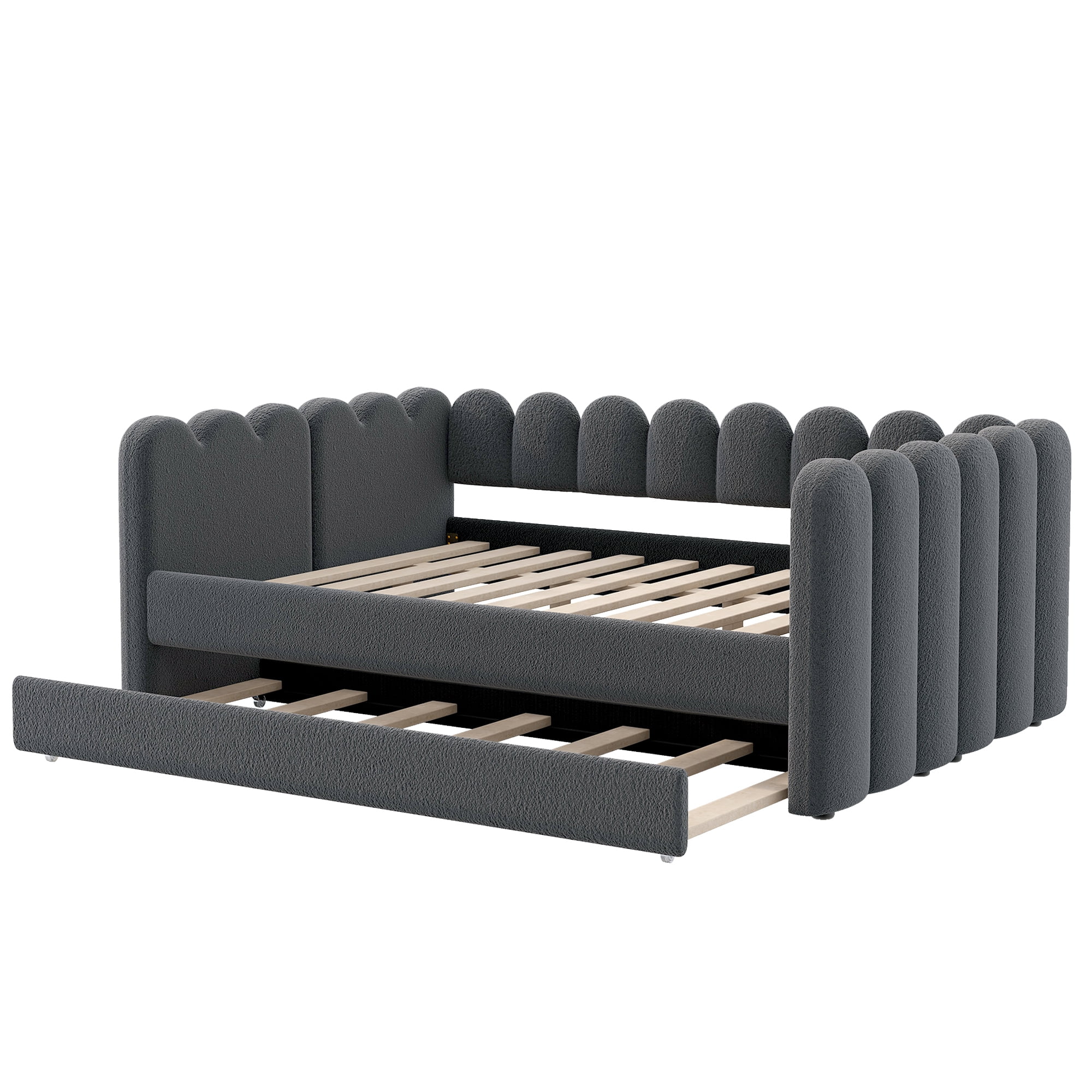 EUROCO Queen Size Upholstered Daybed with Twin Trundle, No Box Spring Needed, Velvet Sofa Bed for Guest Room/Living Room, Gray