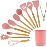SummerTech 12PCS Silicone Cooking Utensils Set with Wood handle Heat-Resistant Turner Tongs Spatula Spoon Kitchen Tools