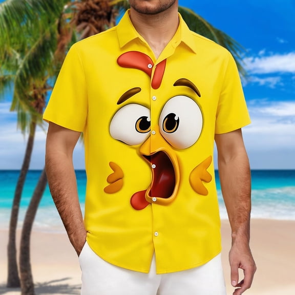 Shirts for Men Animal Print Funny Summer Tops Short Sleeve Button Down Lapel Loose Fit Casual Shirts Yellow-Surprised Chicken L