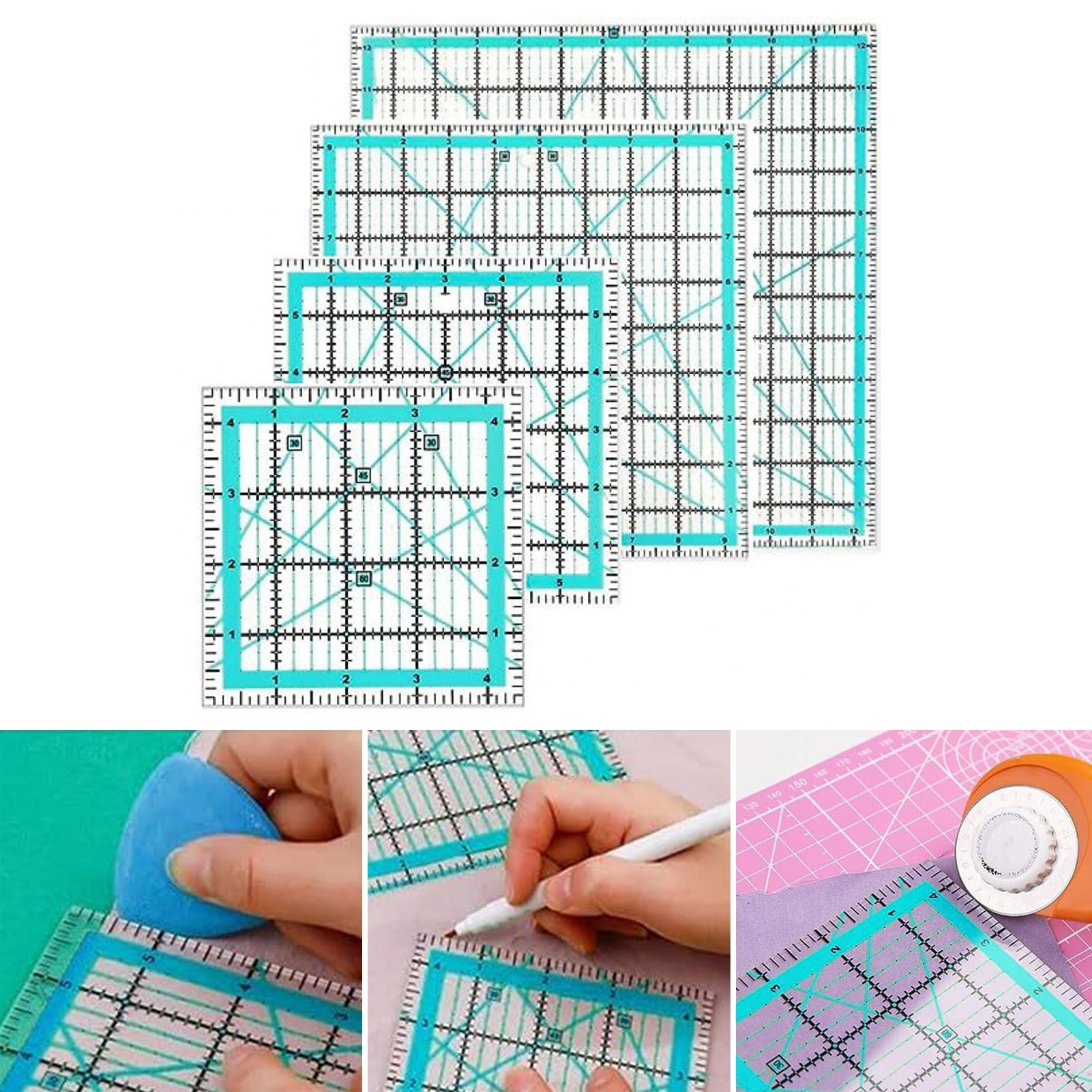 OIUR 4Pcs Acrylic Quilting Ruler 4.5/6/9.5/12.5-Inch Square Fabric Cutting Patchwork Ruler with Clear Mark DIY Sewing Craft Projects Template