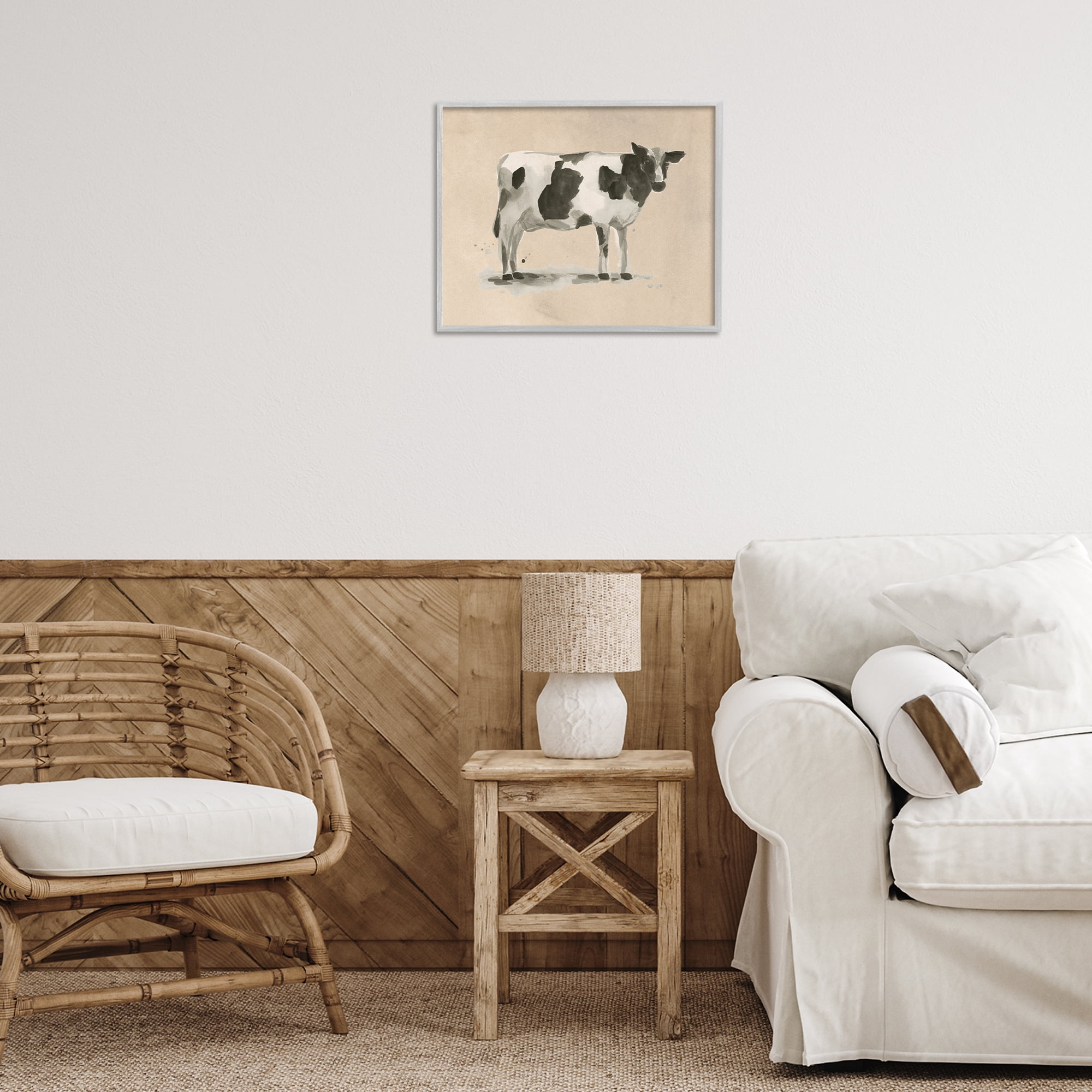 Stupell Industries Traditional Cow on Beige Animals & Insects Painting Gray Framed Art Print Wall Art, 20 x 16