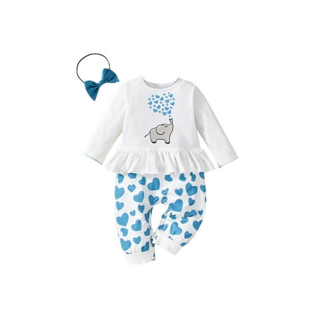 

Nokpsedcb Valentine s Day Kids Baby Girl Long Sleeve Elephant Heart Print Patchwork Romper Jumpsuit Headband 2PCS Blue 6-12 Months