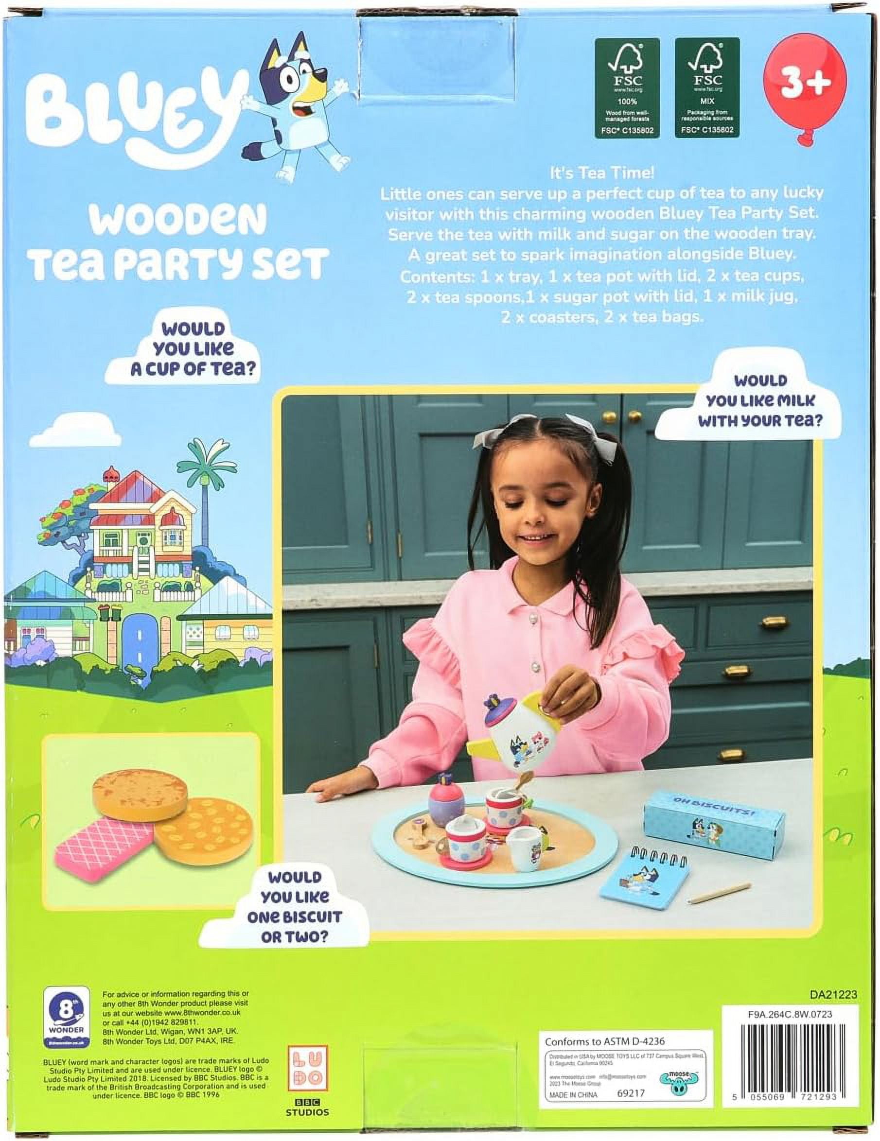 Bluey Tea Party Set, Wooden 20-Piece Pretend Play Set with Tray, Teapot, Tea Cups, Biscuits, Ages 3+