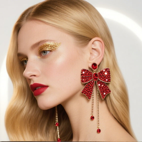 New Bow Fringe Earrings for Women Niche Design Christmas Rhinestone Earrings European & American Holiday Jewelry