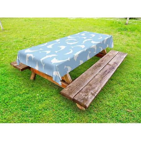 

Sea Animals Outdoor Tablecloth Pattern with Dolphins Silhouettes Simple Fun Art Blue White Ocean Fauna Decorative Washable Fabric Picnic Table Cloth 58 X 84 Inches Baby Blue White by Ambesonne