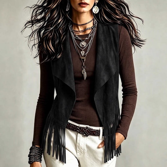 Guieoi Fringe Vest for Women Faux Suede Sleeveless Tassel Top Outerwear Casual Layering Dressy Tank Black XL