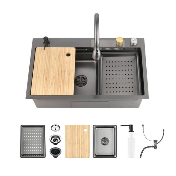 Izzovium Black Stainless Steel Single Bowl Kitchen Sink, 30×18" Multifunctional Workstation with Waterfall Faucet, Cutting Board & Drainer, Scratch-Resistant & Easy Clean, LS-SSBL05