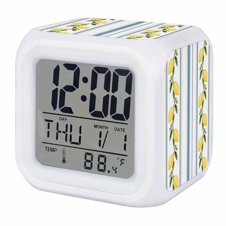 Lemon Striped Digital Alarm Clock for Bedrooms, Smart LED Alarm Clock with 7 Color Changing Night Light, Yellow Fruit Blue White Geometric Silent Wake Up Clocks for Sleep Study Cooking 3.2x3.2