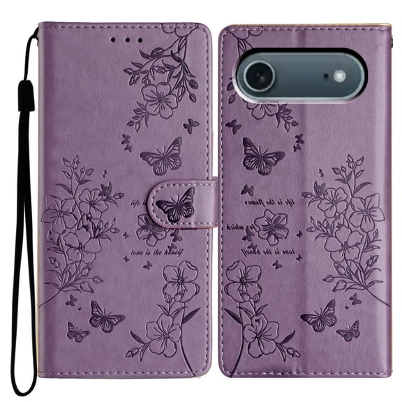 for iPhone Air Flip Case with Credit Card Slots, Flower Butterfly Embossed PU Leather Shockproof Cash Pocket Protective Wrist Strap Kickstand Wallet Case Cover for iPhone Air, Purple
