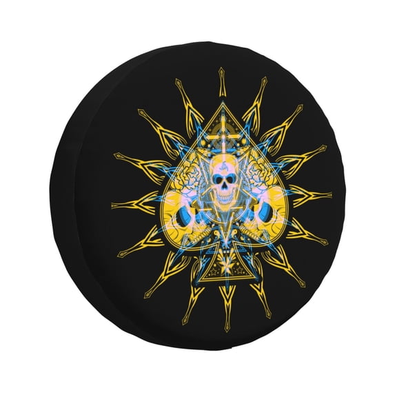 DouZhe Waterproof Spare Tire Cover, Spades Poker Death Skull Yellow Prints Adjustable Wheel Covers Fit for Jeep Trailer RV SUV Car, 17 inch