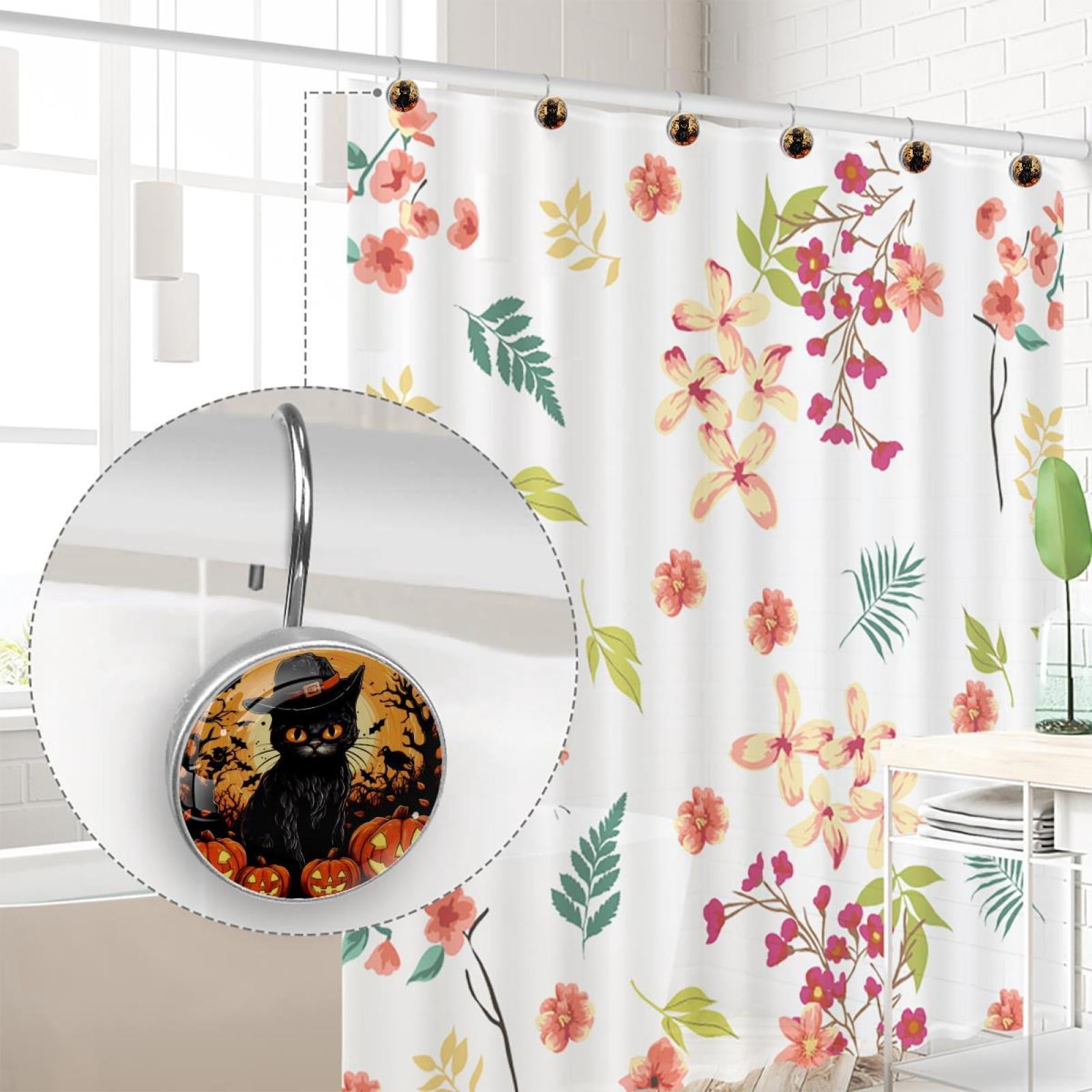 12pcs Decorative Shower Curtain Hooks, Rust Resistant Shower Rings for Bathroom Living Room,Rustproof Stainless Steel Rings for Shower Curtain and Liner Rods,Halloween Black Cat