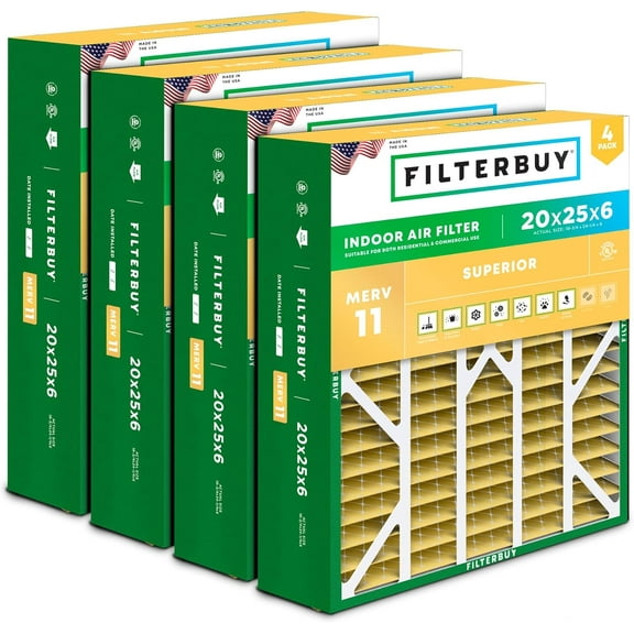 Filterbuy 20x25x6 Air Filter MERV 11 Allergy Defense, Pleated HVAC AC Furnace Filter Replacement for Aprilaire Space-Gard 2200 & Lennox, 4-Pack