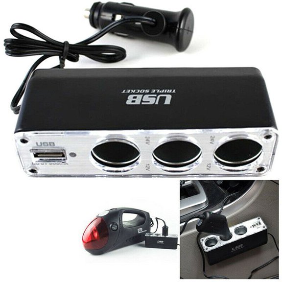 Car Multi Socket Triple Splitter Usb Port Charger Adapter 12V