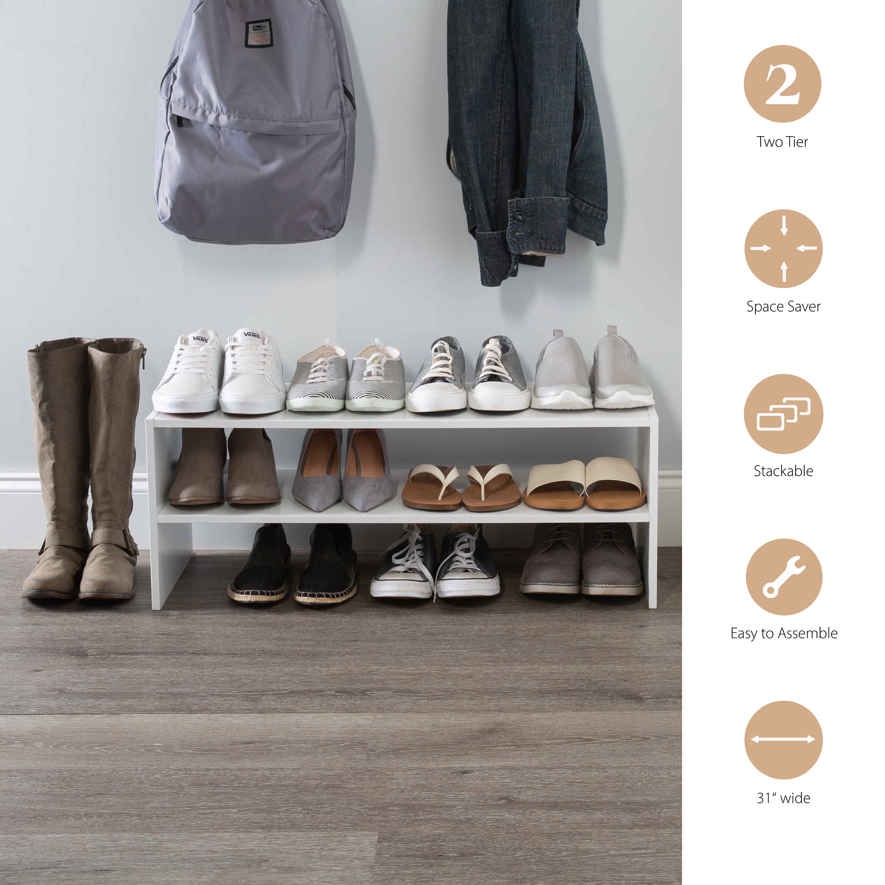 Organize It All 2 Shelf Stackable Shoe Rack in White