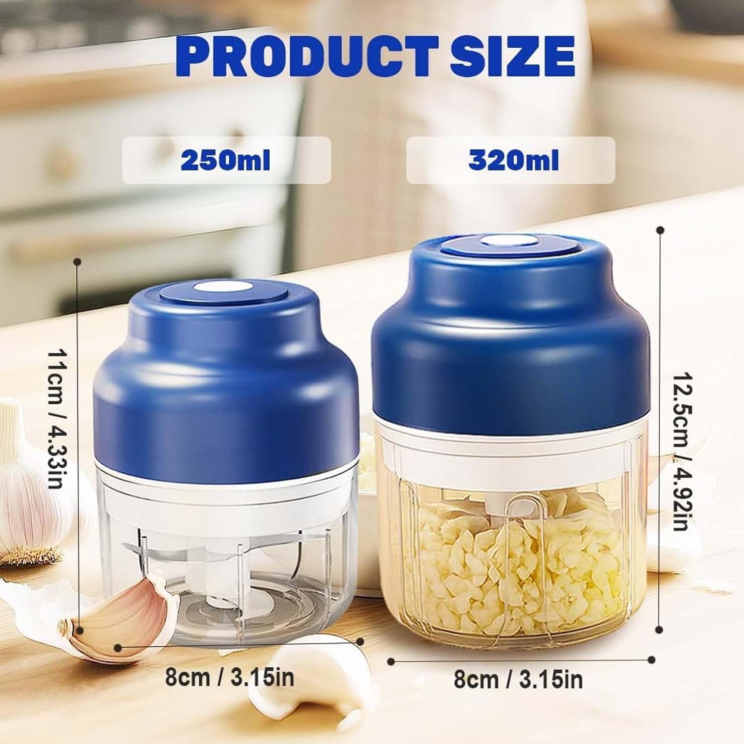Electric Garlic Chopper,Mini Food Processor with 4/6 Stainless Blades,8.5oz/10.8oz Capacity,USB Rechargeable,10-Second Chopping for Garlic/Onion/Nuts,Portable Kitchen Helper