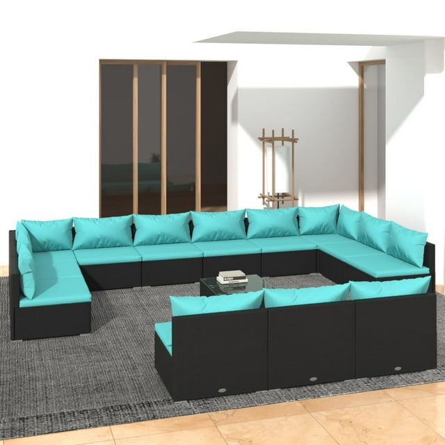 vidaXL 14 Piece Garden Lounge Set with Cushions Black Poly Rattan