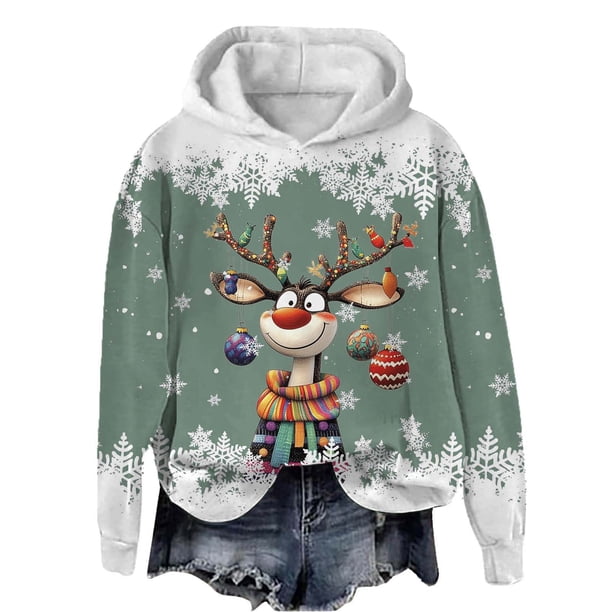 WILLBEST Sudadera con Capucha Oversize para Mujer, Estilo Casual, con Estampado Navideño de Ciervos con Cabeza Grande y Copos de Nieve, Cuello Redondo, Manga Larga y Diseño Ligero Mediana