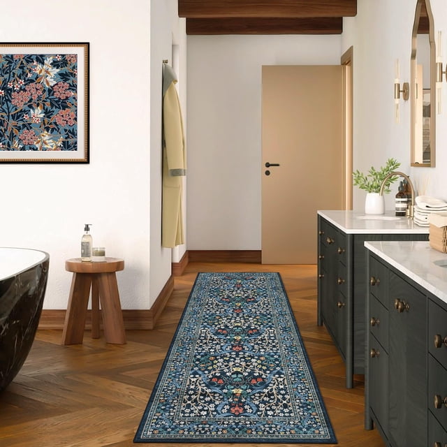 Washable Runner Rug 2x6 Modern Floral Print Botanical Carpet for Kitchen Soft Non Slip Laundry Bathroom Mat Low Pile Throw Rug for Living Room Bedroom, Blue