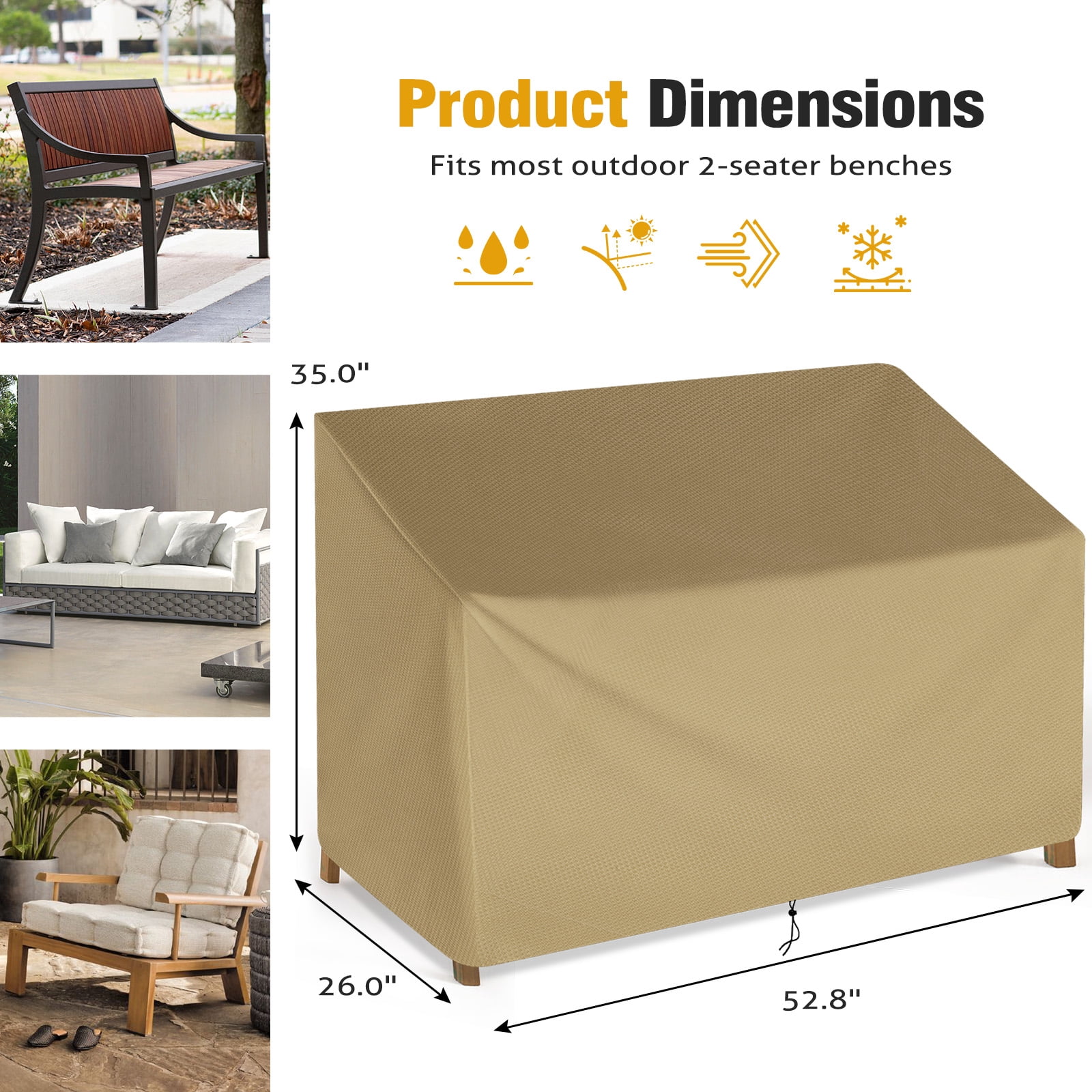 Outdoor Bench Cover, 600D Waterproof Sofa Cover, Heavy Duty Patio Bench Couch Furniture Covers 2-Seater, All Weather Resistant, 53L x 26W x 35H inches