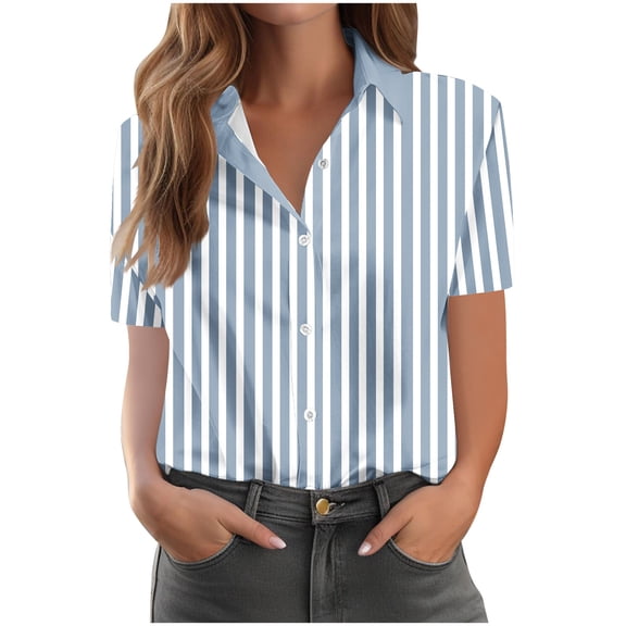 Women's Tops, Tees & Blouses Cotton,Womens Button Down Shirts Short Short Sleeve Summer Cotton V Neck Collared Stripes Blouses Casual Tops